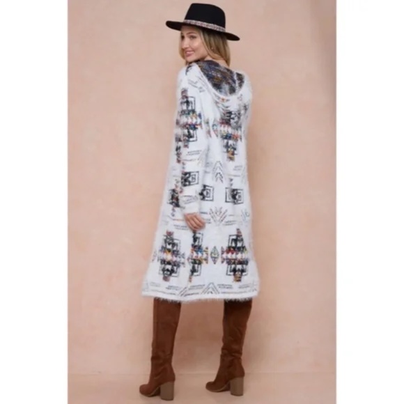 Aztec Rainbow Boho Cowichan Jacquard Eyelash Fuzzy Cardigan Knit Sweater - Picture 6 of 7